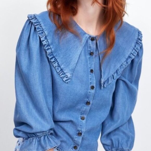 ZARA Denim Blue Wide Collar Blouse – Size M, Lightweight & Trendy - Picture 1 of 16